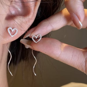 Silver Wavy Heart Thread Earrings
